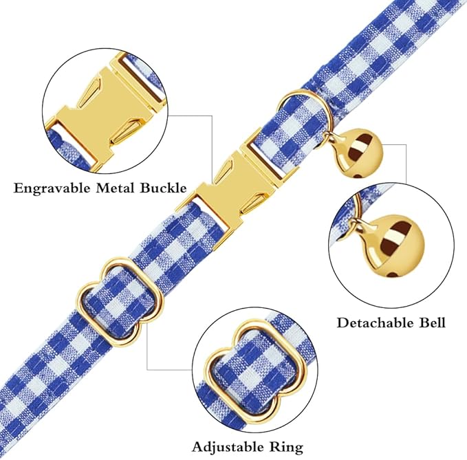 Personalized Cat Collar with Name Plate,Adjustable Tough Nylon Cat ID Collars with Bell,Customize Engraved Pet Name and Phone Number (Plaid Style C)