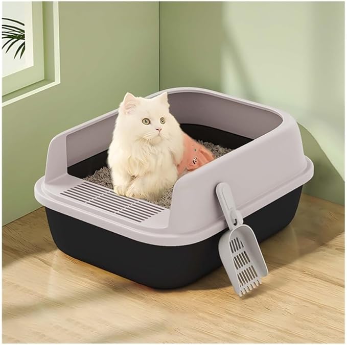 Pet Supplies, Semi-Open Cat Litter Box with High Sides, Anti-Splash & Easy to Clean(Black,Large)
