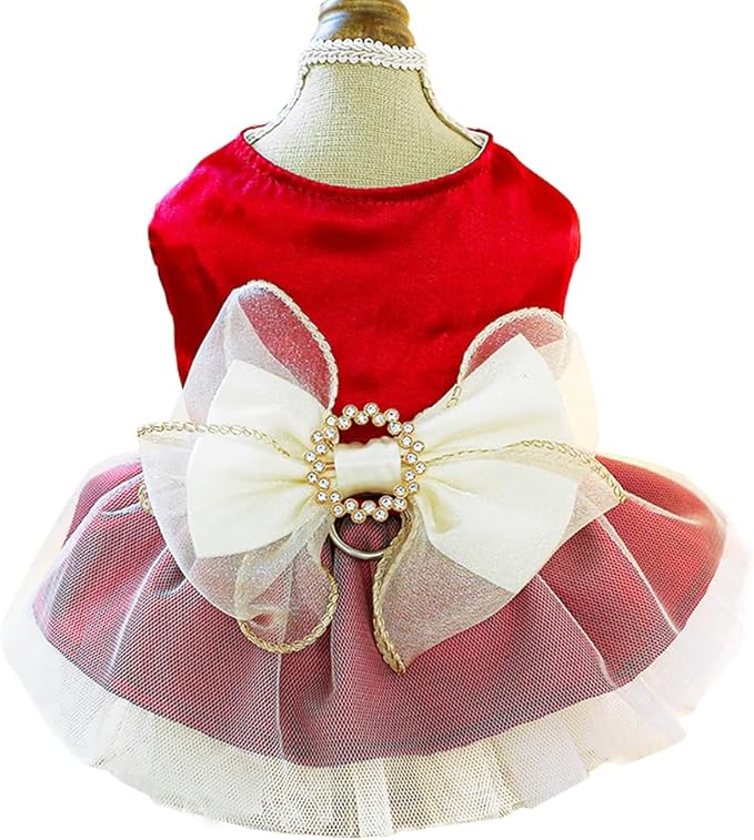 ANIAC Retro Dog Tulle Dress with Leash Ring Spring Summer Girl Puppy Clothes for Small Dog Cat Apparel Formal Pet Prom Dress for Christmas Wedding Birthday Valentines (Red,Large)