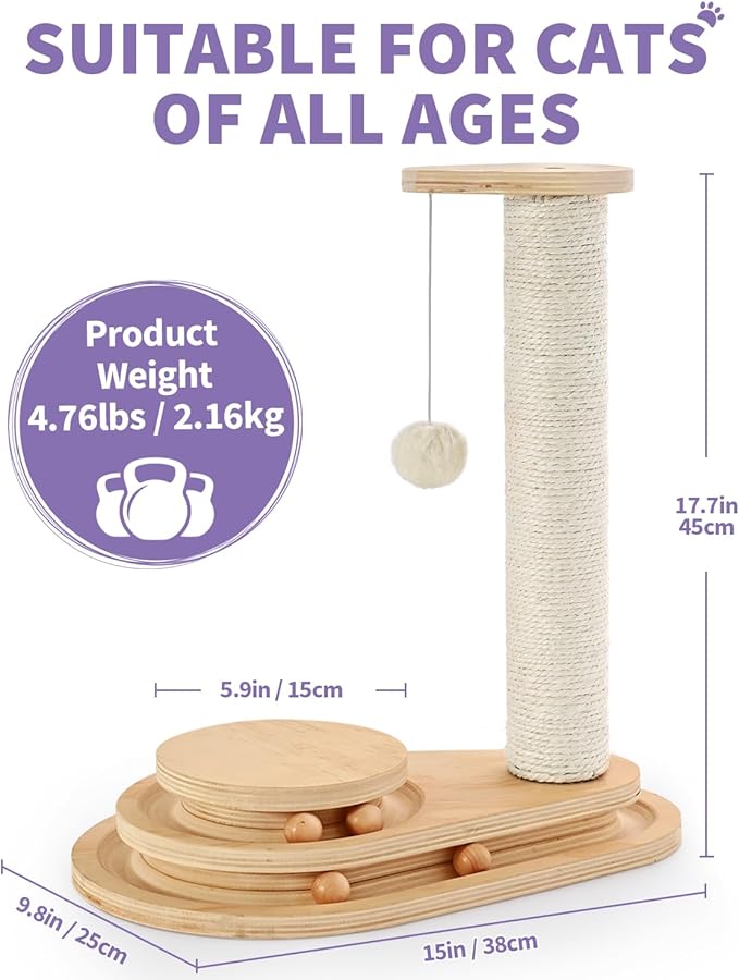 Made4Pets Cat Scratching Post Cat Scratcher Kitten Toys for Indoor Cats Wooden Ball Track Two-Layer Modern Sisal 17.7" Tall Scratch Post Interactive Toy with Dangling Ball