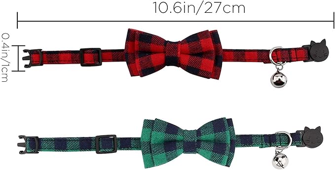 Luter 2Pcs Christmas Plaid Cat Collars Breakaway with Bow Tie and Bells, Adjustable Collars for Cats, Kitten, Puppy Supplies (Red, Green)