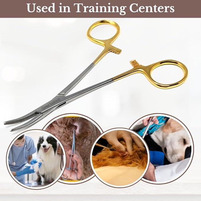HTI DOG CAT PET HAIR PULLER REMOVER STAINLESS STEEL HEMOSTAT LOCKING FORCEPS 5" CURVED FULL SERRATED (Gold Handle)