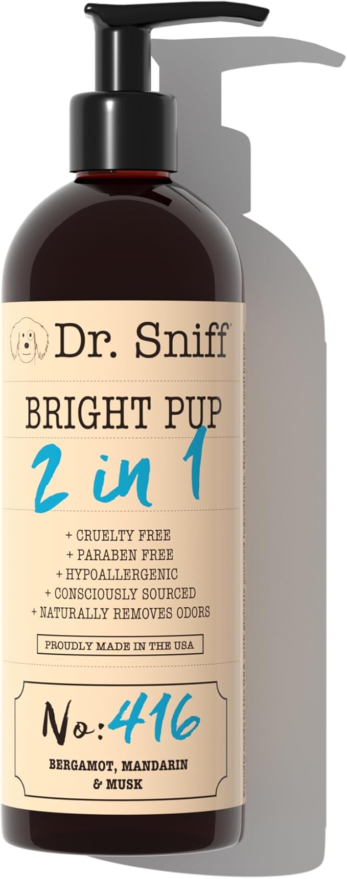 Dr. Sniff 2-in-1 Dog Shampoo & Conditioner, Bright Pup Scent, Bergamot, Mandarin & Musk, Gentle Grooming Formula for Dogs & Cats, Long-Lasting Fragrance, Made in USA, 16 oz