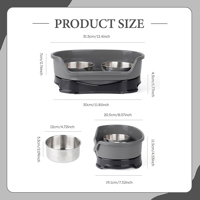 Gralara Cat Water and Food Bowl Feeder Feeding Dish Easy to Clean Non Slip Double Bowl Pet Feeder for Small Dogs, Gray