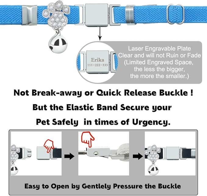 Personalized Safety Elastic Cat Collars with Bell,Laser Customized Stretch Kitten Collars for Girls Boys Cats-Sky Blue