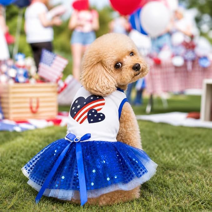 Petitebella USA Twins Heart Puppy Dog Dress (White/Blue Sequins, X-Large)