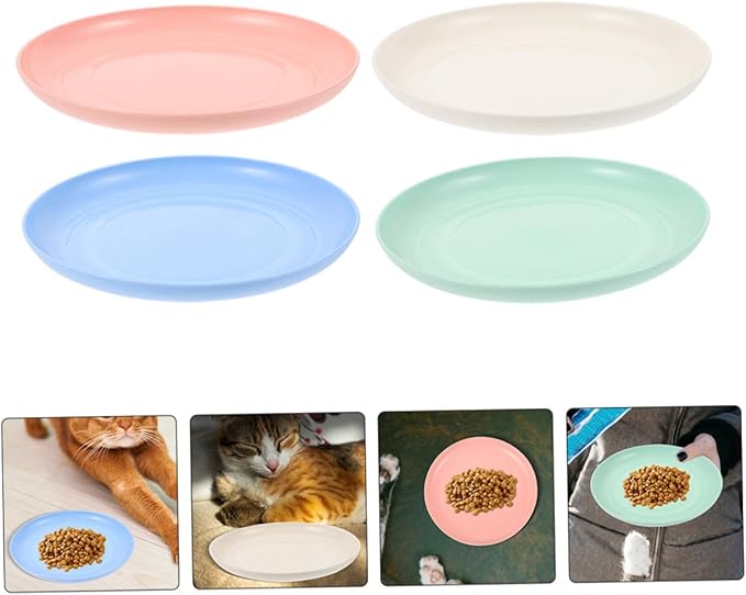 Amosfun 4pcs Shallow Cat Bowls Set, Sturdy Pet Food Plates 20cm, Wide Flat Round Dishes for Small and Short-Legged Cats, Multi-Color Feeding and Watering Supplies