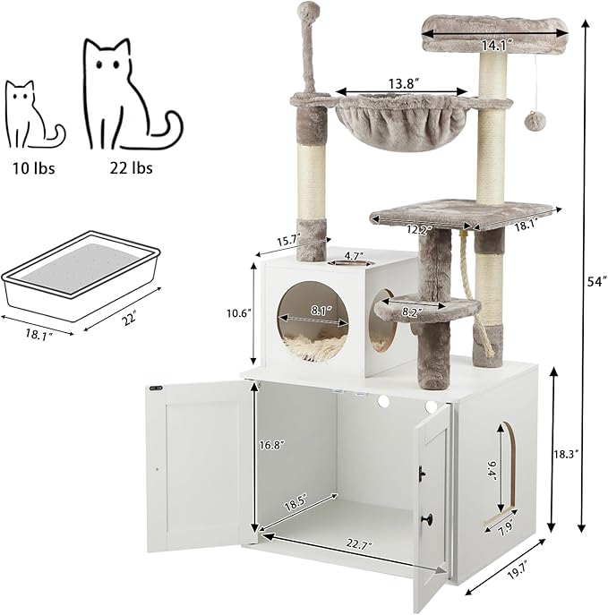 Timberer Cat Tree with Litter Box Enclosure, 2-in-1 Cat Tower for Indoor Cats, Large Wood Cat Condo with Basket, Scratching Posts, Pompoms, White