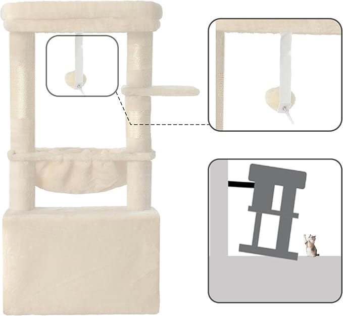 Heybly Cat Tree, Kitten Tower with Large Soft Cat Basket,Cat Condo with Spacious Cat Bed Cave with Hidden Space，Sisal-Covered Scratching Posts,Dangling Ball for Indoor Cats, Beige HCT008SM