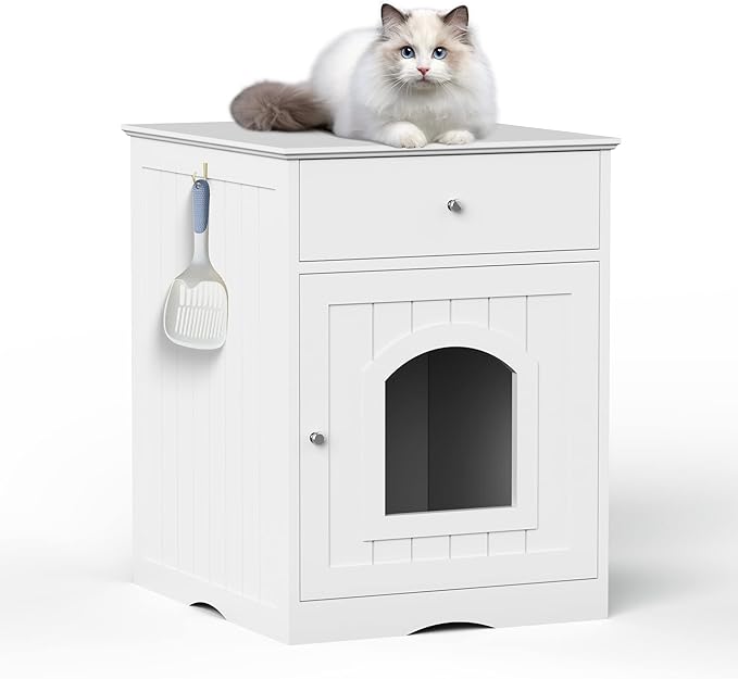 Wooden Cat Litter Box Cabinet with Drawer Hidden Pet House, Sofa Side Table, Indoor Pet Cage Storage Cabinet, Cat Hidden Cave Furniture for Living Room, Bedroom (White, 25 inches)
