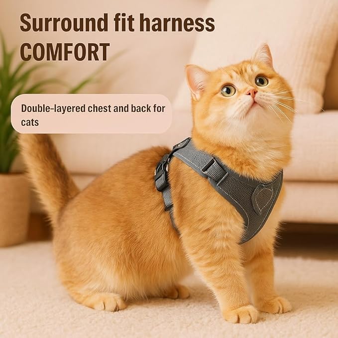 Cat Chest Harness and Leash Set for Walking Escape Proof, Soft Adjustable Vest Harnesses for Cats, Kitten Jacket with Reflective Strip, Easy to Put on with 3 Buckles for Traveling (Grey, S)