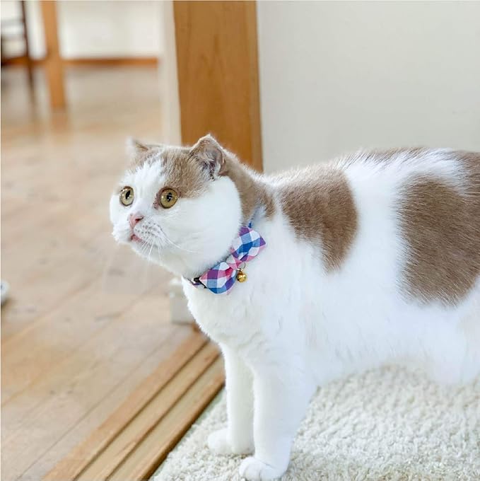 Purrfect Picnic Bow Tie Cat Collar (Blue) with Bell Safety Breakaway Soft Lightweight for Cats Kitty Kitten Japanese Stylish Pattern, No.1 Seller in Japan