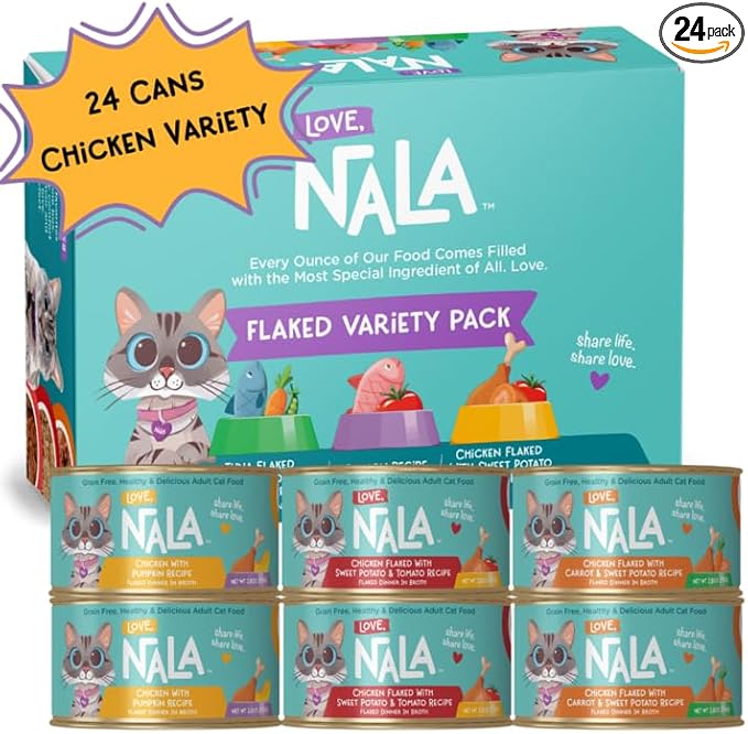 LOVE, NALA - FLAKED Chicken Variety Pack - 24 Pack - Natural Adult Cat Wet Food - Grain Free, Non-GMO, Lean Protein, Omega 3, Digestive Fiber, Added Minerals & Vitamins