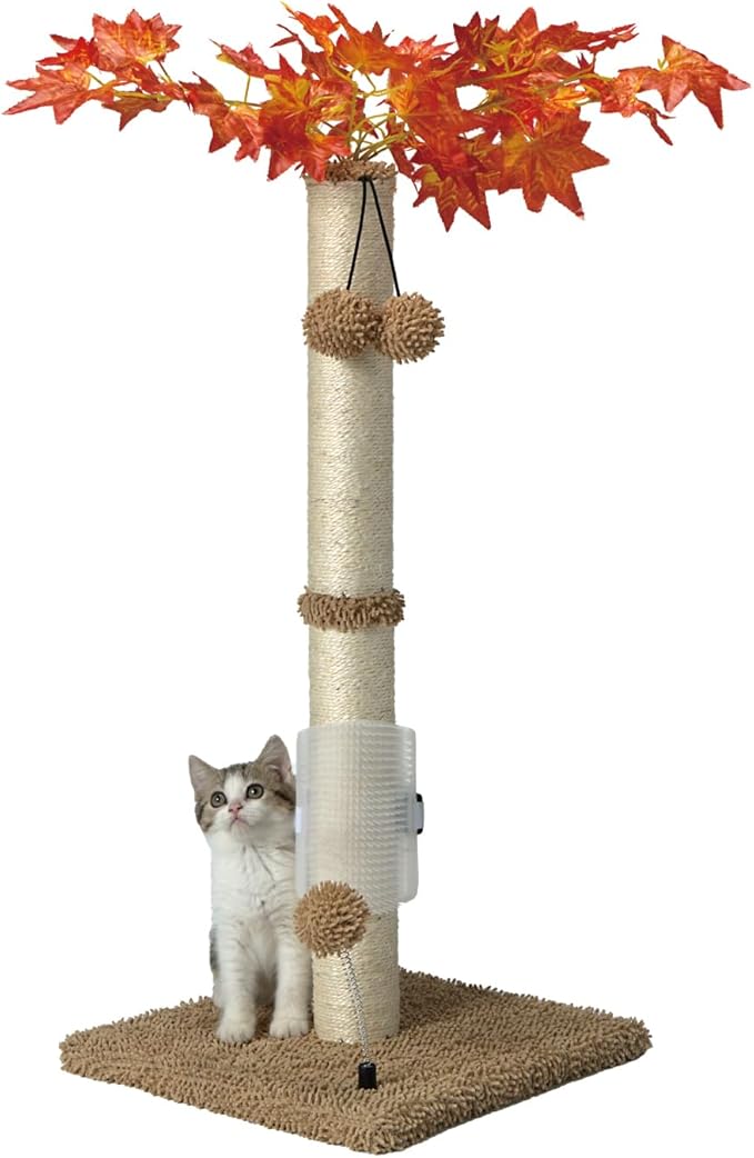 MECOOL Cat Scartching Post，30-inch Cute Scartching Posts for Indoor Cats and Kittens,Natural Sisal Rope and Hanging Ball Toy, Self-Grooming Brush,Beige