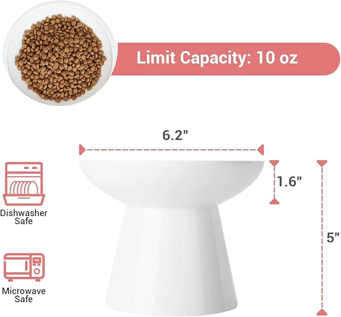 CEEFU Extra Wide Elevated Ceramic Cat Bowl, 6.2" Shallow Dish for Whisker Fatigue Relief, 5" Height for Easy Feeding, Durable Raised Cat Food Bowls, Pack of 2, White
