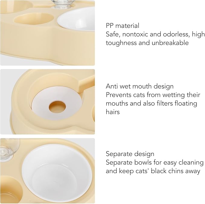 Double Pet Bowl Set, Non - Slip Stable 2-in-1 Food & Water Bowl with Automatic Water Dispenser Bottle, Feeding Station for Cats, Small Dogs and Mini Pets (Yellow)