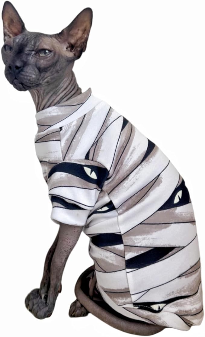 Limited Edition Sphynx Cat T-Shirts Elastic Hairless Cat Sweatshirt Pet Kitten Clothes Round Collar Kitten Shirts Vest Cats & Small Dogs Apparel (Mummy, XL (10-12 lbs))
