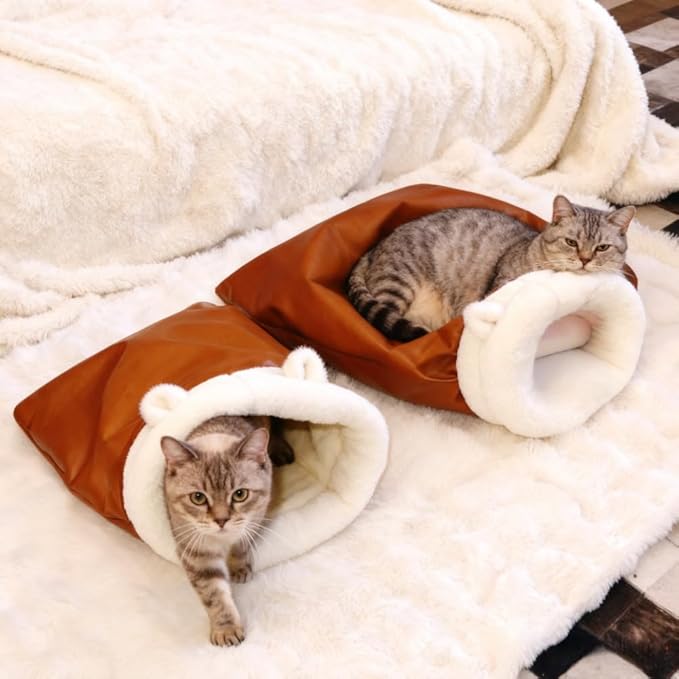 Winter Warming Cat Sleeping Bag，Soft Plush Sleeping Bag for Indoor Cats，Cozy Pet Nest for Cats and Dogs, Portable Calming Pet Nests，Cat Cave Bed Self Warming (Leather, XL(25 * 20 in)