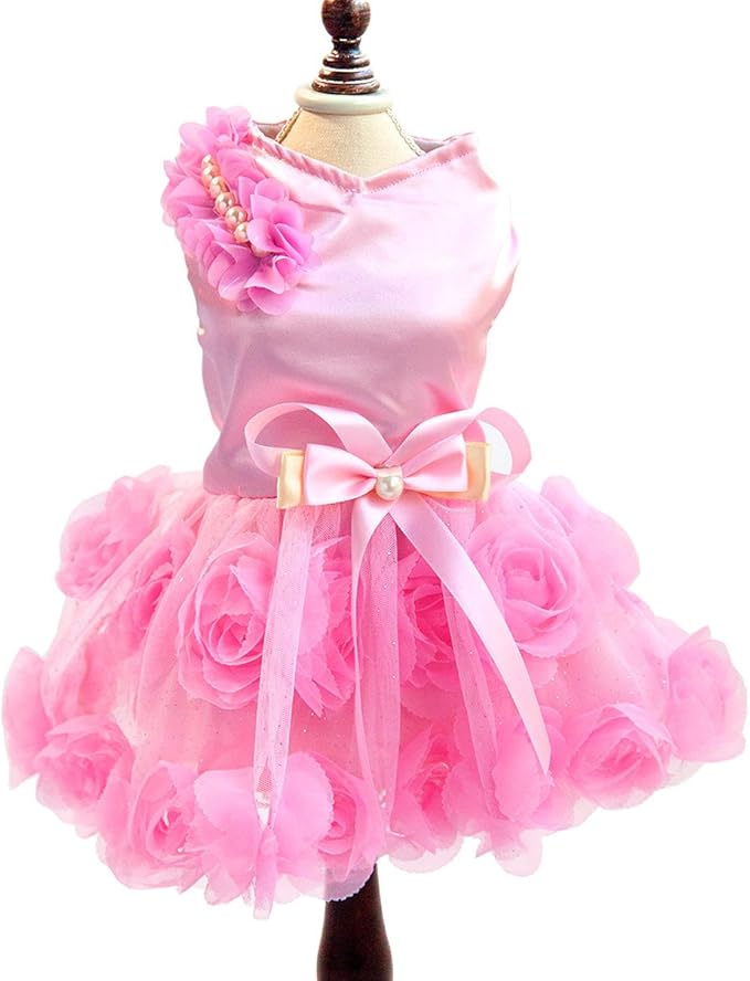 SMALLLEE_Lucky_Store Pet Small Dog Wedding Dress with Bowknot Birthday Party Costume Satin Rose Pearls Girl Formal Dress Cat Tutu Pink, Small
