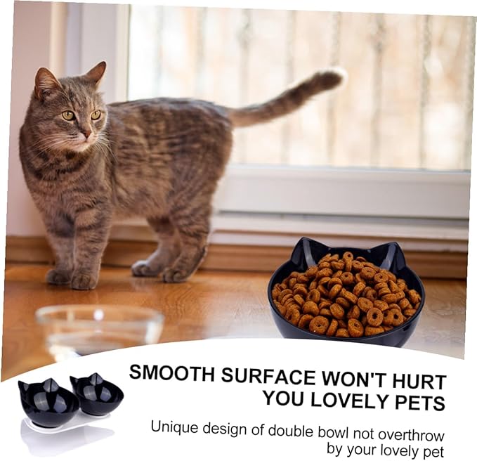 Homoyoyo Double Pet Food Bowl with Cat Ear Design, Black Plastic Raised Feeding and Watering Dish, Tilted Neck Protection, Anti-Spill Cat and Dog Bowl for Indoor Use