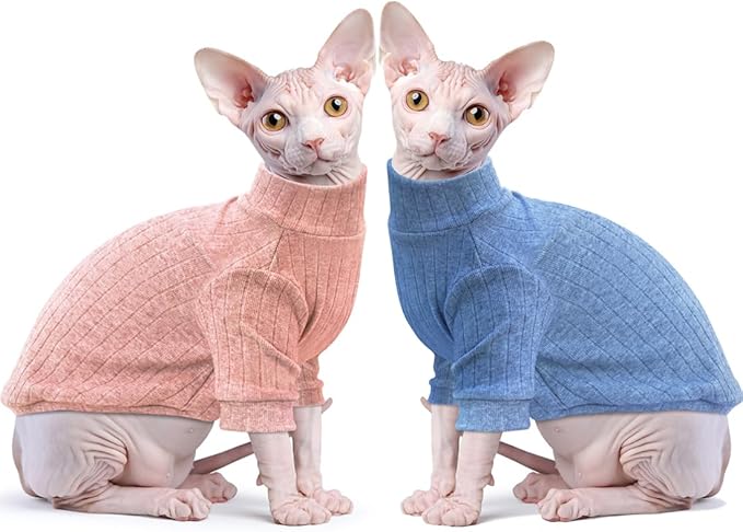Idepet Sphynx Hairless Cats Sweater Shirt Kitten Soft Puppy Clothes Pullover Cute Cat Pajamas Jumpsuit Cotton Apparel Pet Winter Turtleneck for Cats and Teacup Chihuahua(2 Pack-Blue&Pink,XL)