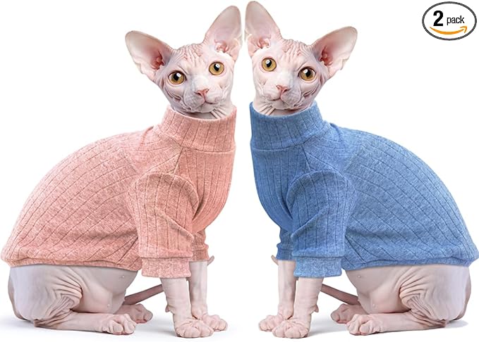 Idepet Sphynx Hairless Cats Sweater Shirt Kitten Soft Puppy Clothes Pullover Cute Cat Pajamas Jumpsuit Cotton Apparel Pet Winter Turtleneck for Cats and Teacup Chihuahua(2 Pack-Blue&Pink,S)