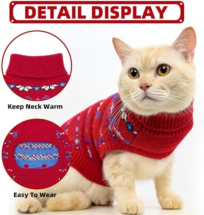 BINGPET Cat Clothes Turtleneck Knitted Sleeveless Cat Sweater,Cute Cat Outfit Soft Turtleneck Knitted Kitten Puppy Apparel with Snow Pattern,Sphynx Cat Clothes for Cold Weather