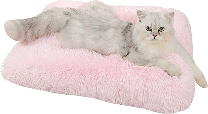 Long Plush Calming Pet Bed Cuddler Pet Bed for Dogs and Cats Fluffy Faux Fur Dog Bed with Anti Slip Bottom Machine Washable Pet Sleep Bed Crate Mat Light Pink XL