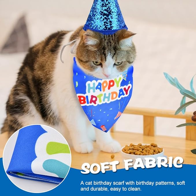 Cat Birthday Party Supplies, Adjustable Cat Birthday Hat with Numbers, Bandana, Bow Tie, Banner for Cat Kittens Decorations, Fun Pet Celebration Kit(Color:Blue)