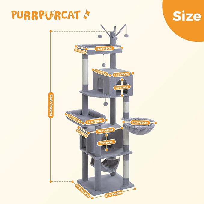 74.8" Extra Tall Cat Tree with Anti-Toppling Kit, Stable Multi-Level Cat Tower with Dual Condos, Sisal Scratching Posts & Deep Hammock, Large Cat Furniture for Multi-Cat Household, Grey