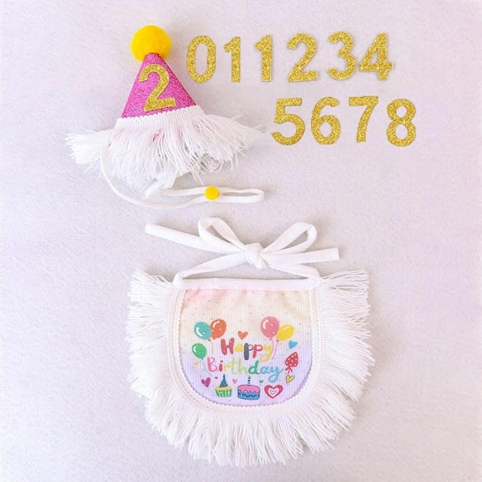 Cat Birthday Party Supplies, Pink Girl Cat Kitten Birthday Hat with Numbers & Gradient Bandana, Birthday Outfit Apparel for Cats and Kittens (Small, Happy Birthday)