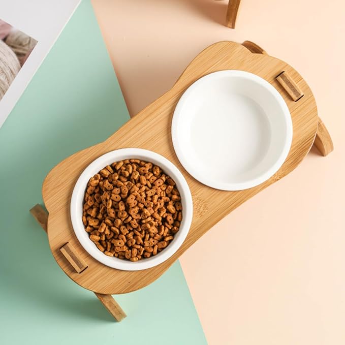 Raised Double Pet Bowl Set with Ceramic Bowls on Wooden Stand Tilted High Base for Cats and Puppies Spine Protection Design for Indoor Use