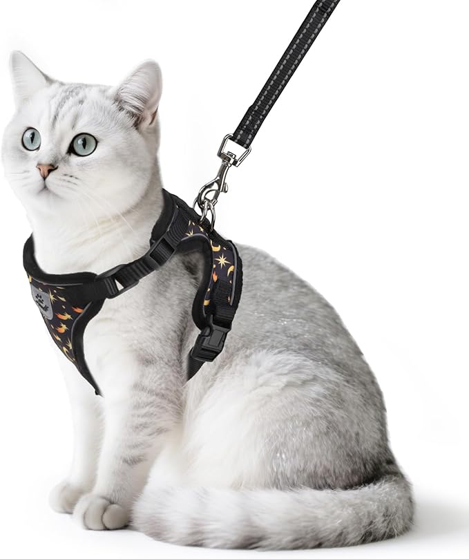 PUPTECK Cat Harness and Leash Set Escape Proof Reflective Cat Walking Harness Adjustable Soft Breathable Mesh Vest for Small Pets, Star&Moon, M
