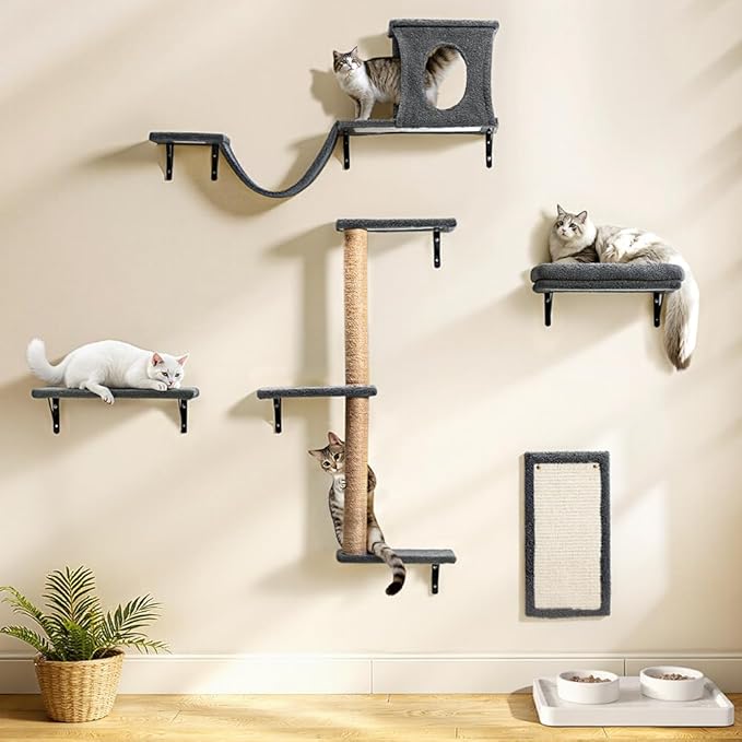 PawGiant Cat Wall Shelves, 5-in-1 Cat Furniture Set, Wooden Cat Climber with Perches, Condo House, Bed, Scratching Post & Board for 16inch Drywall and Solid Wall