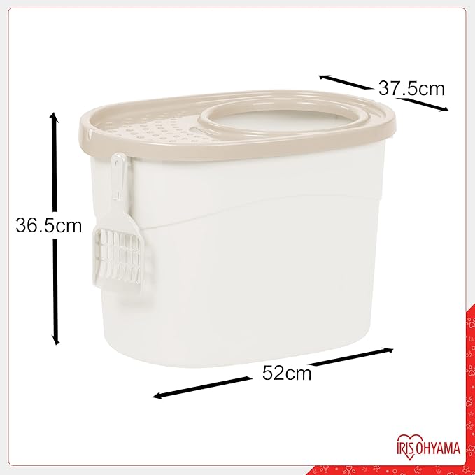 Iris Ohyama, Cat Litter Box, Closed cat Toilet House, Ventilation Opening, Plastic (PP) BPA-Free, Scoop, L52 x W37.5 x H36.5 cm, TECL-20, White/Beige