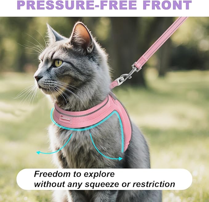 Cat Harness and Leash Set,Escape Proof Kitten Harness,Step in Adjustable Soft Lightweight,Easy Control,Reflective Strips Comfortable for Walking Travel(Baby Pink,M)