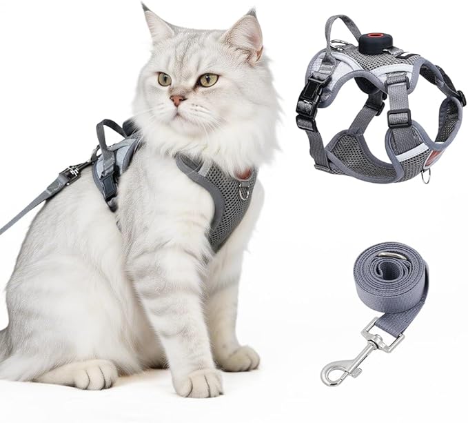 Cat Harness and Leash Set with Holder Compatible with AirTag, Upgraded Escape Proof Adjustable Vest Lead for Large Cat Small Dog Walking, Soft Breathable Mesh Jacket with Reflective Strips, Grey, L