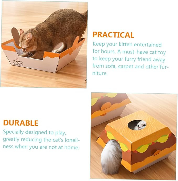 BESTonZON Cat House Hamburger Bed Scratching Board Creative Corrugated Cardboard Toy for Indoor Cats and Stable Design to Prevent Furniture Damage