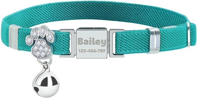 Personalized Safety Elastic Cat Collars with Bell,Laser Customized Stretch Kitten Collars for Girls Boys Cats-Cyan