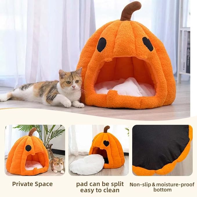 Cute Pumpkin Cat Bed for Indoor Cats，Pumpkin Shape Cat House with Removable Washable Cushioned Pillow，Cat Cave Bed Cat Tent for Puppy and Kitten (A-Orange,20 in)