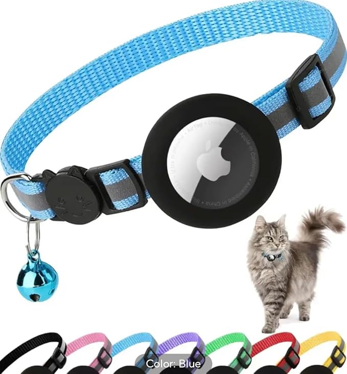 Airtag Cat Collar Reflective Kitten Collar with Apple Air Tag Holder and Bell for Girl Boy Cats Breakaway Lightweight (Blue)