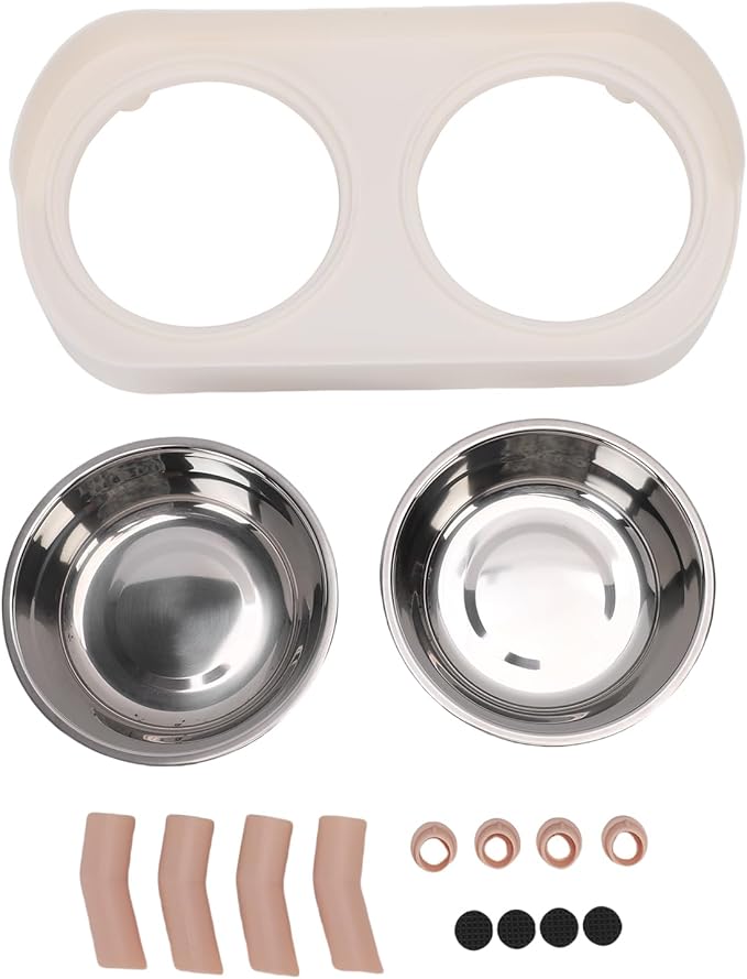 AYNEFY Elevated Cat Bowl,Tilt Proof Stainless Steel Integrated Double Elevated Pet Water Food Bowl Raised Cat Food and Water Dish for Cats and Small Dogs (White)