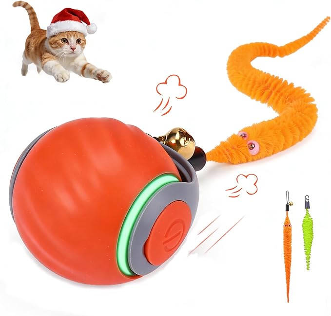 Smart Cat Toy Ball, Automatic Rolling Interactive Cat Toys for Indoor Cats, Motion Activated 2 Speeds Rechargeable Cat Enrichment Toy with 2 Tails, Perfect for Kittens & Adult Cats- Orange