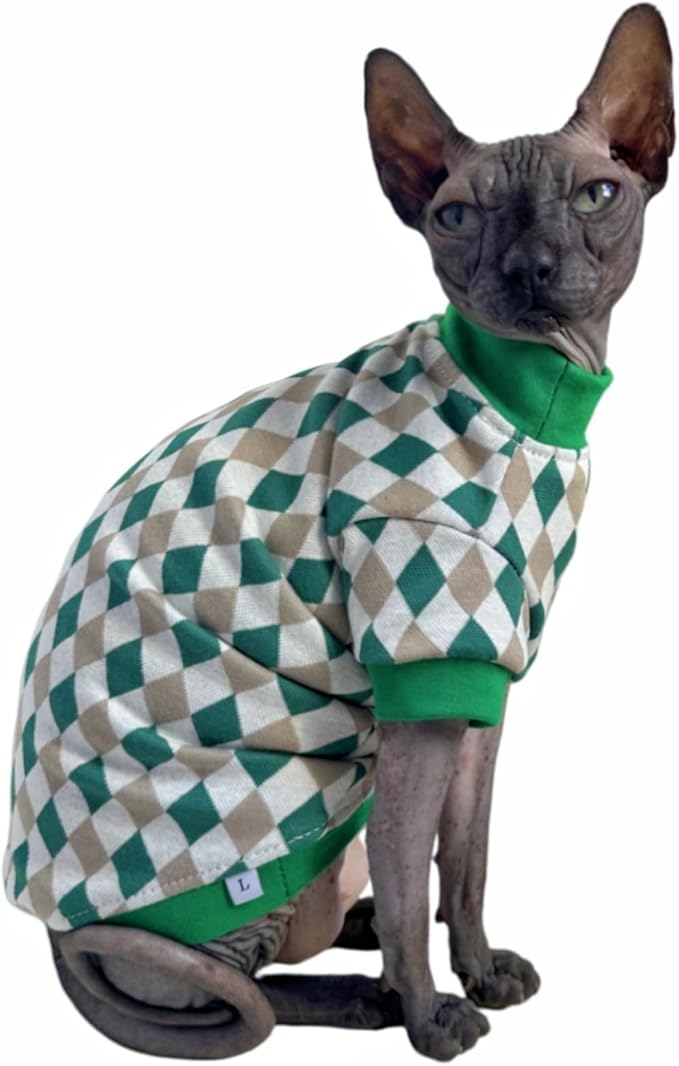 Vintage Mulan Cotton Sphynx Hairless Cats Shirt Cat Turtleneck Pet Clothes Kitten T-Shirts with Sleeves for Sphynx Cornish Rex, Devon Rex, Peterbald (Rhombus Green, Medium)