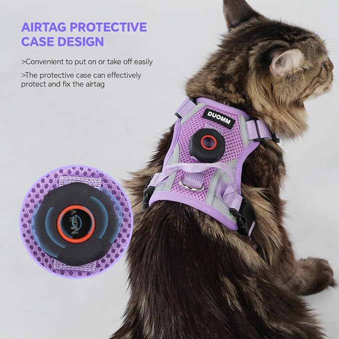 Cat Harness and Leash Set with AirTag Holder: Upgraded Escape Proof Vest with Lead for Small Dog Puppy Large Cat Walking，Soft Breathable Mesh Coat with Reflective Strip (Purple, S)