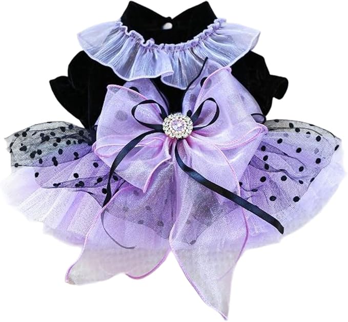 Dog and Cat Butterfly Princess Lace Tutu Dress, Dog Girl Set, Kitten Chihuahua York Pomeranian Pet Clothing (Purple-Bow, X-Small)
