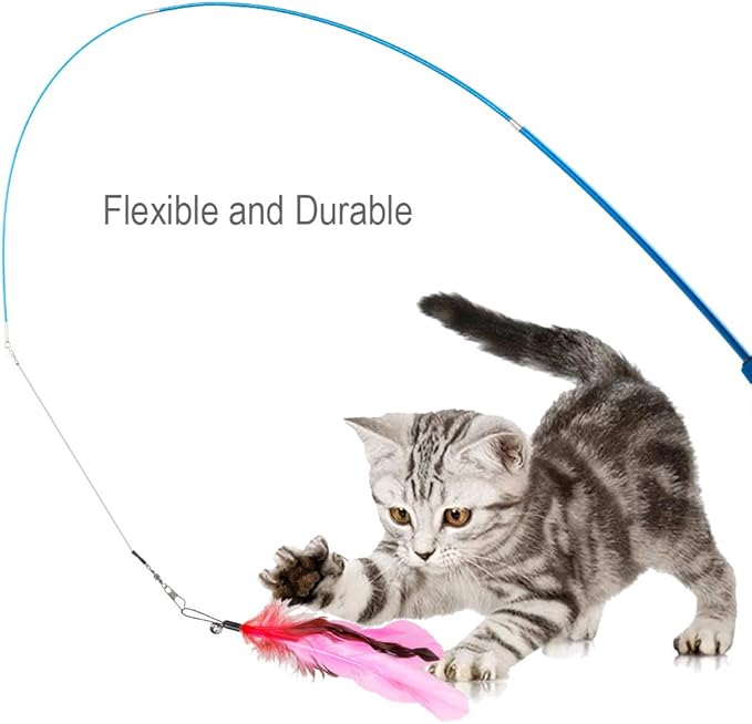 JIARON Cat Toys Feather Toy, 2PCS Retractable Wand and 10PCS Replacement Teaser with Bell Refills, Interactive Catcher and Funny Exercise for Kitten.