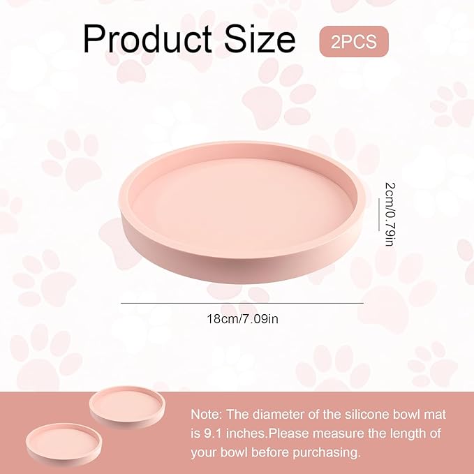 Pet Food Mat, Set of 2 Pink Silicone Feeding Mats - 7'' x 7'' Non-Slip Waterproof Bowl Mat with Raised Edge for Dog Cat, Prevent Food Water Spills, Easy Clean Tray