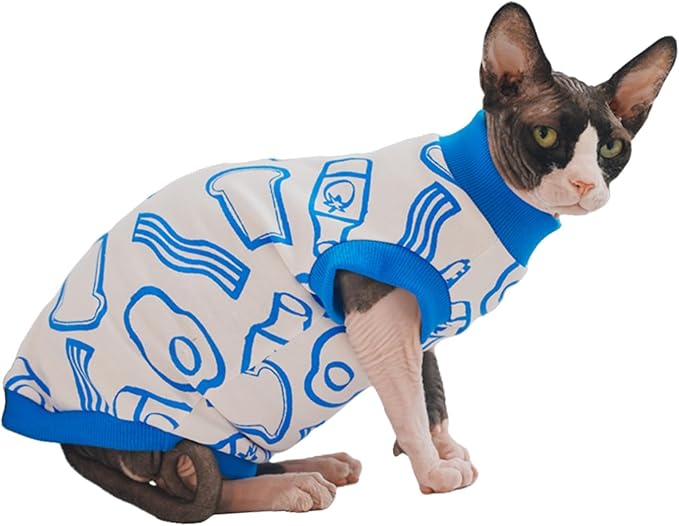 Sphynx Hairless Cat Summer Cotton T-Shirts Cat Vest Pet Clothes, Round Collar Vest Kitten Shirts Sleeveless, Cats & Small Dogs Apparel (Breakfast, L (7.5-8.8 lbs))