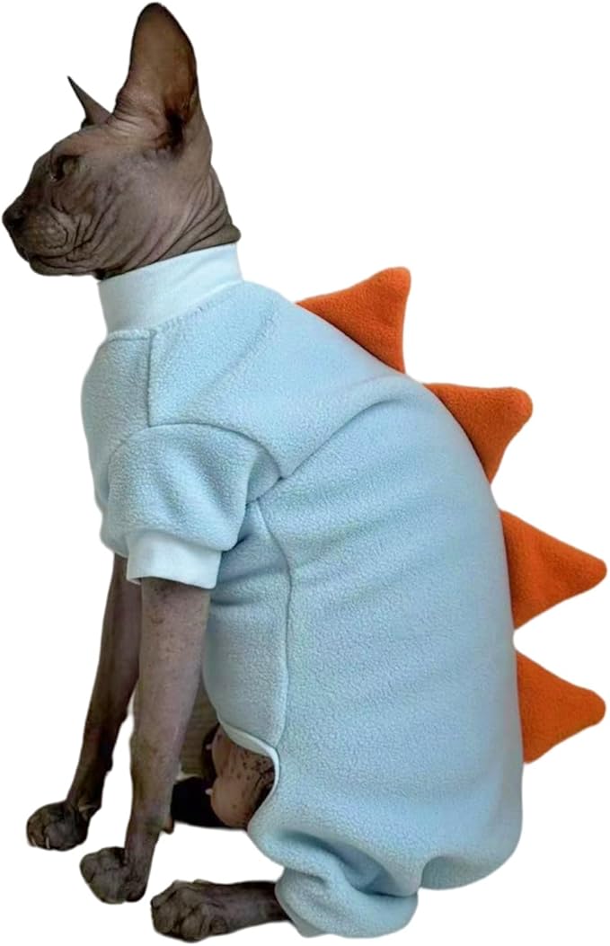Four Leg Dinosaur Sphynx Cat Clothes Pjamas Hairless Cat Warm Polar Fleece Jumpsuit Elastic Pet Clothes for Sphynx Cat Surgery Recovery Suit Hairless Cat Shirt for Devon, Cornish (SkyBlue, Small)